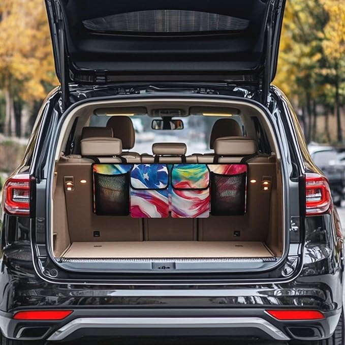American Flag Large Capacity Car Trunk Organizer, Waterproof Oxford Backseat Hanging Storage Bag with 4 Pockets, Foldable Car Organization for Car Tools, Car Accessory for SUV Truck