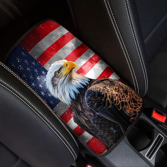 Horeset American Flag Eagle Polyester Car Armrest Cover Cushion Pad Accessories Interior Decor Auto Center Console Fit SUV Truck Sedan