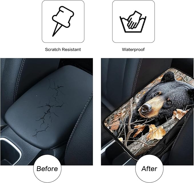 JANENFNA Car Armrest Cover Pads Universal Fashion Cute Auto Center Console Armrest Cover Pad with 2PCS Car Coasters Soft Waterproof Car Armrest Seat Protector for Women,Cute Black Bear