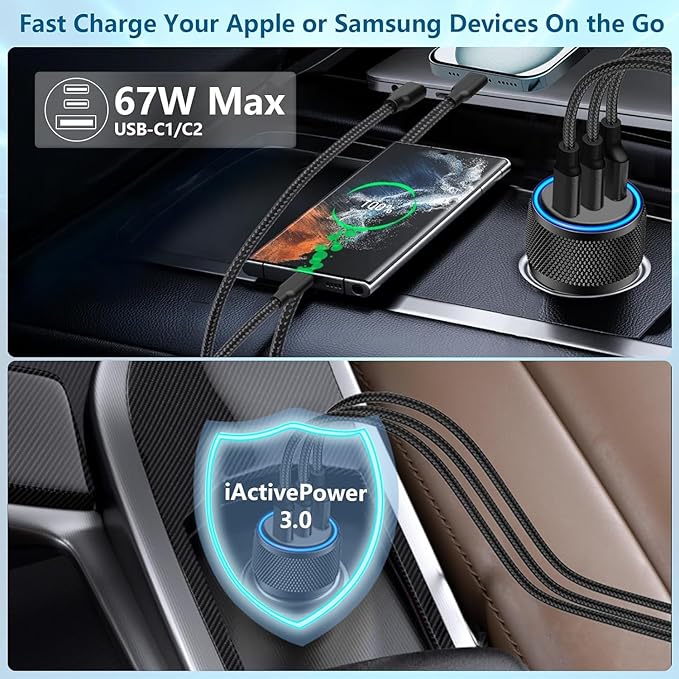 USB C Car Charger for iPhone 17, 2Pack BAOYUANDA 67W 3-Port USB-C & USB-A Fast Car Charger Cigarette Lighter Fast Charging for iPhone 17/16/15/14/13/12/Pro Max, iPad Pro, Galaxy, Google Pixel, Android