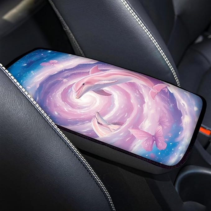 Pink Dolphin Auto Armrest Console Accessories Center Console Cover Soft Car Console Covers Protect from Pet Claws Fit Most Cars, Truck, SUV, or Van