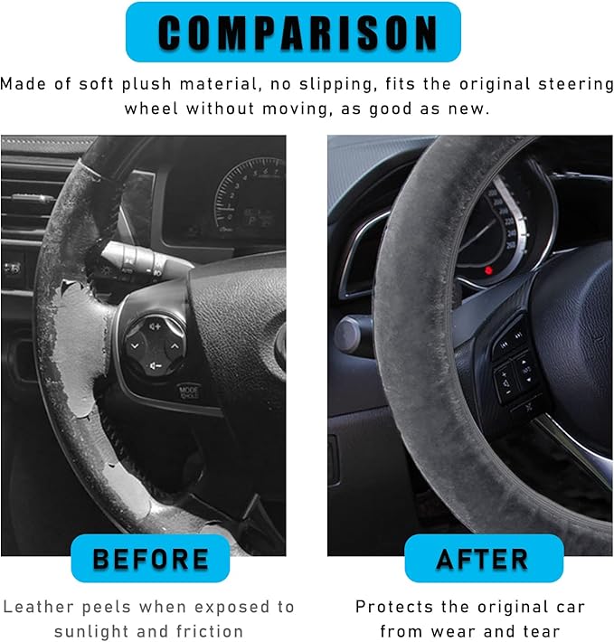 Augeny Fuzzy Car Steering Wheel Cover, Anti-Slip Soft Plush Steering Wheel Protector, 15 Inch Elastic Wheel Covers, Universal Vehicle Interior Winter Warm Accessories for Men Women (Gray)