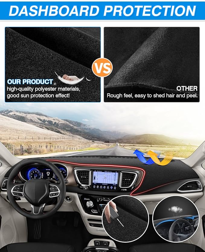 Cartist Dash Cover Compatible with Chrysler Pacifica Minivan 2017-2023 2024 2025 Dashboard Cover Mat Non-Slip Carpet Sunshield Glare UV Rays Protector