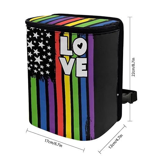 Colorful LGBT Flag Hanging Car Trash Bin for Vehicle SUV Truck，Leak Proof Vehicle Garbage Can with Lid，Washable and Adjustable Strap Trash Can for Back Seat/Console Armrest
