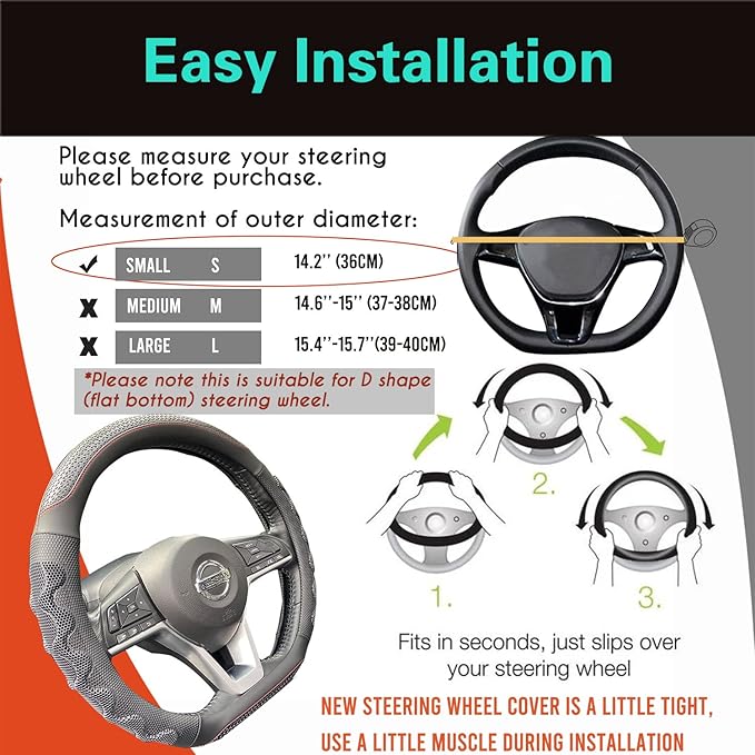 PINCTROT D Shaped 14 Inch Small Sized Steering Wheel Cover Great Grip with 3D Honeycomb Anti-Slip Design, Flat Bottom 14 Inch (Black/Red Stitch)
