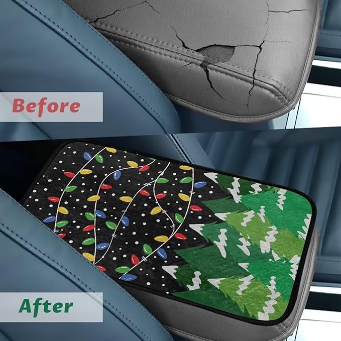 Bulopur Christmas Style Auto Armrest Console Cover Flannel Armrest Cover Car Thickened Armrest Console Cover Easy to Install Fashion Auto Interior Fit Most Car, Truck, SUV, or Van