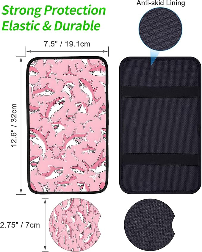 JANENFNA Car Armrest Cover Pads Universal Fashion Cute Auto Center Console Armrest Cover Pad with 2PCS Car Coasters Soft Waterproof Car Armrest Seat Protector for Women,Pink Shark Pattern
