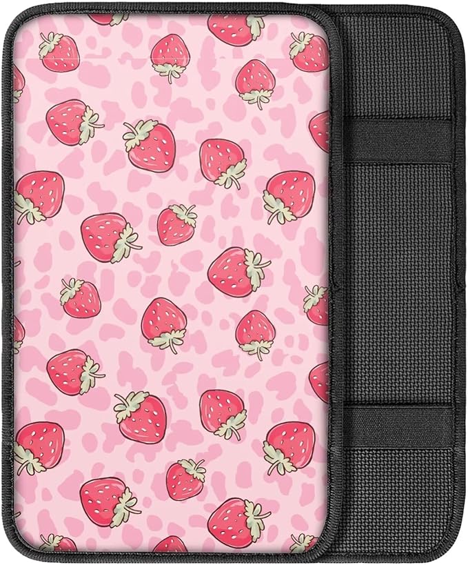 Pink Strawberry Car Center Console Armrest Cover for SUV Vehicles Cute Pink Armrest Box Cover Center Console Pad Universal Fit Strawberry Automotive Accessories