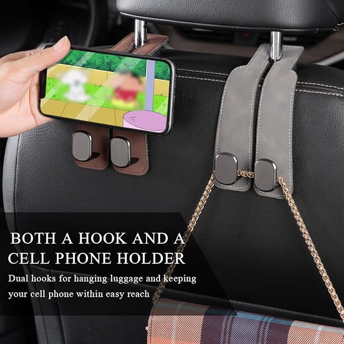 2 PCS Car Seat Headrest Hook, Back Seat Hanger with Double Flexible Leather Hooks, Soft Leather Double Headrest Metal Hooks Purse Handbag Organizer, Car Accessories (Gray)