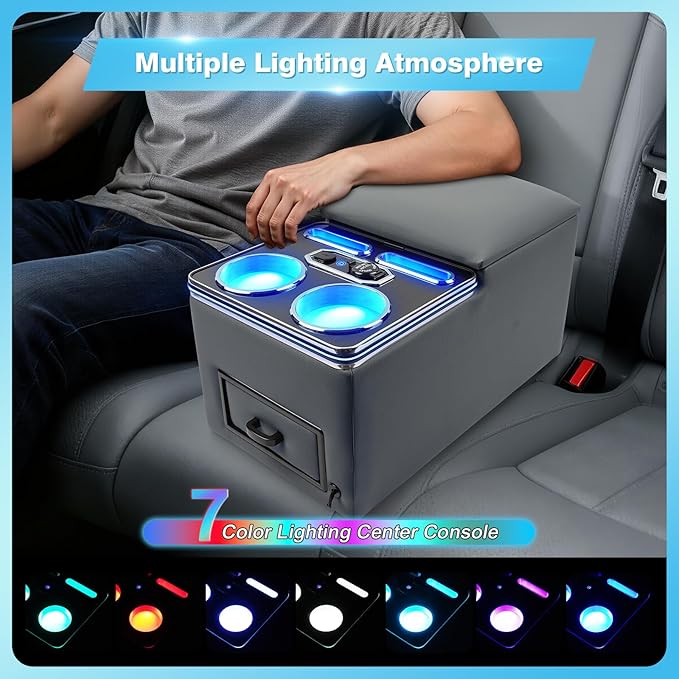 Center Console, Universal Bench Seat Center Console with Fast Phone Charging， Back Seat Car Organizer, Automotive Center Console with Cup Holder & Phone Holder (Gray)