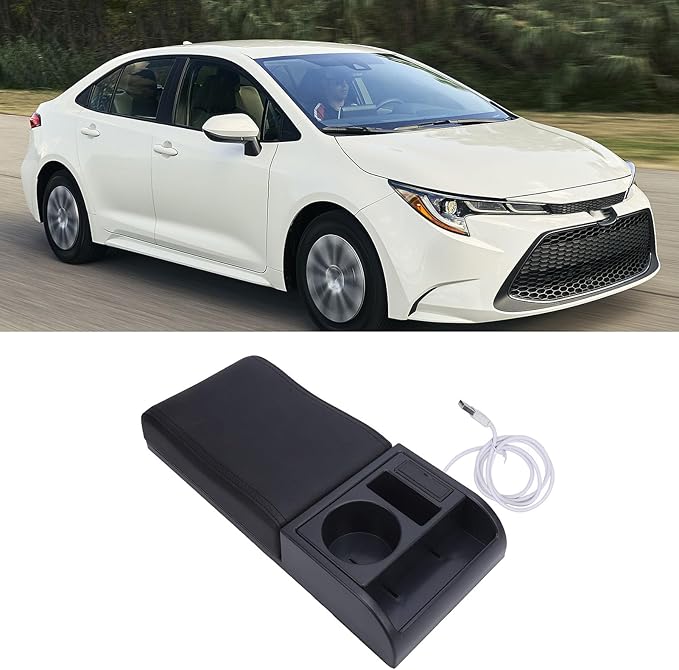 Fydun Center Console Armrest Box Cover Adjustable Length with USB Charging Port Cup Holder Universal for Most Vehicles (Black Line)