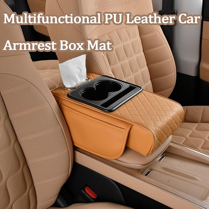Multifunctional Pu Leather Car Armrest Box Mat, 5-In-1Multifunctional Car Armrest Cushion, Car Arm Rest Cover Pad, Center Console Organizer with Cup Holder, Tissue Box & Phone Slot (Beige)