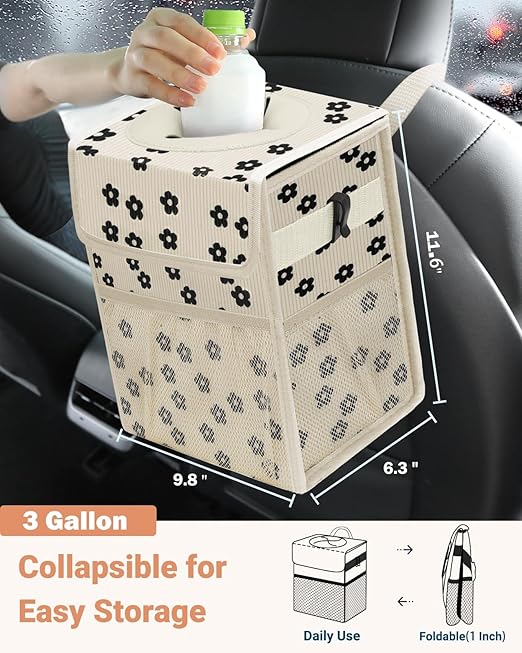 Capolo Car Trash Can with Lid, Leakproof Car Trash Bag Hanging Waterproof Automotive Garbage Can with Storage Pockets Mini Vehicle Trash Bin for Back/Front Seat(Corduroy Black Flower,3 Gallon)
