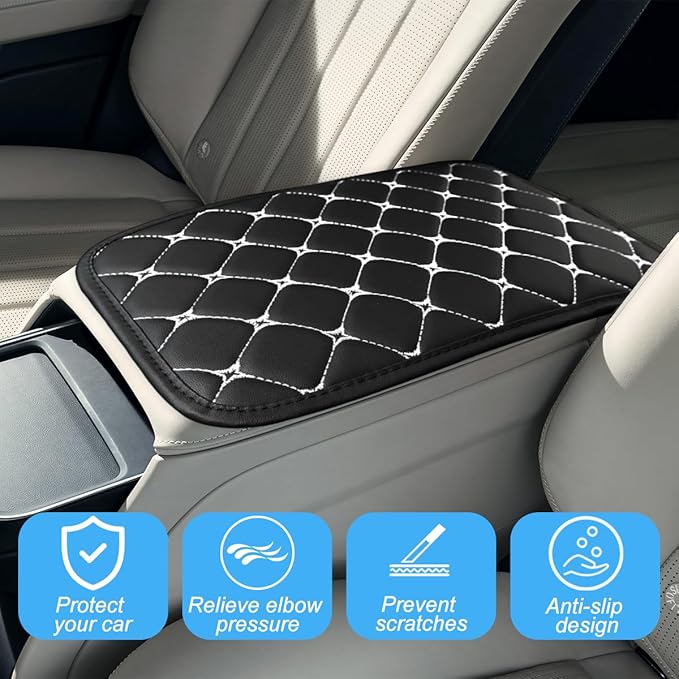 Car Center Console Cushion Pad, PU Leather Vehicle Armrest Cover Protector, Anti-Scratch Automotive Interior Arm Rest Seat Box Mat Accessories, Universal for SUV Sedan Truck (Black/White)