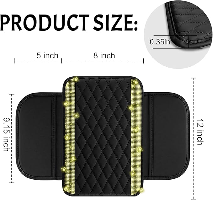 Bling Car Center Console Cover, Leather Car Arm Rest Cover Cushion with 2 Storage Bags, Universal Auto Armrest Protector Storage Box, Bling Accessories Interior for Most Vehicles (Yellow Diamond)