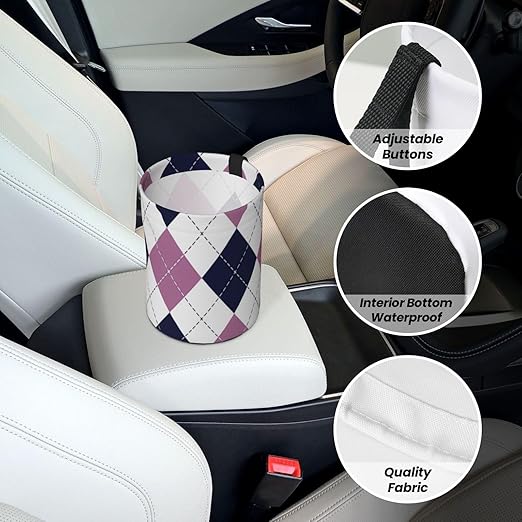 Purple White Argyle Car Trash Can Garbage Cans Foldable,Cute Hanging Car Organizer and Storage Bag Leak Proof, Auto Back Seat Trash Bin Universal for Truck, SUV, Outdoor Travel