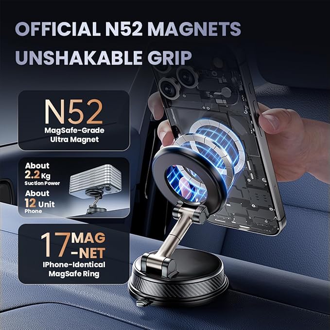 UEEMEE Vacuum Magnetic Phone Holder for Car, Magsafe Car Mount 360 Adjustable Vacuum Suction Cup, Phone Mount for Car Accessories/Windshield/Mirror/Kitchen/Gym for iPhone 17 Pro Max 16 15 14 13