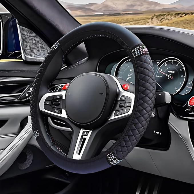 Bling Soft Leather Steering Wheel Cover, 15" Anti-Slip Sparkly Crystal Auto Elastic Steering Wheel Protector for Women Girl, Colorful Diamond Car Interior Accessory for Most Cars (Black)