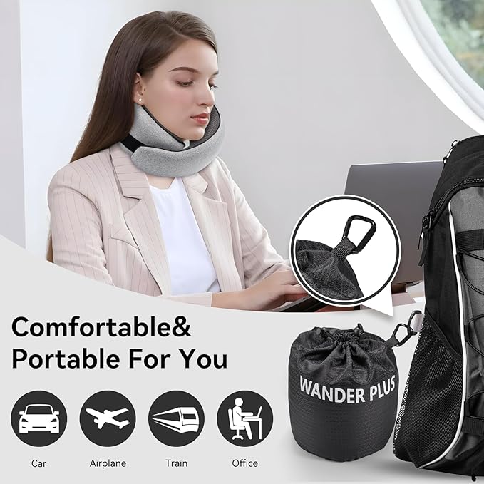 WANDER PLUS® Travel Pillow, 100% Pure Memory Foam Travel Neck Pillow Airplane Neck Support Ergonomic Design Best for Sleeping Plane Car Train Office Flight for Adults Sky Blue