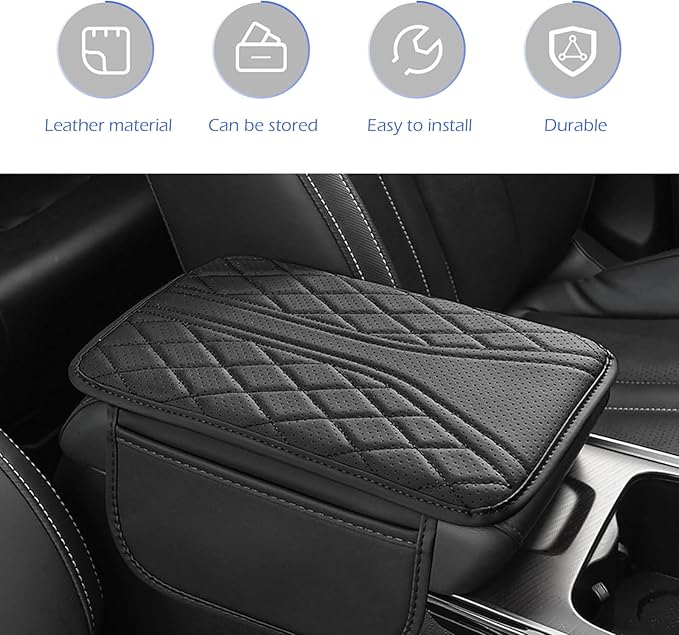Car Center Console Cover, Strong Support Waterproof Armrest Box Booster Cushion, Leather Slow Rebound Armrest Box Cover with Side Storage Pocket, Universal Elbow Protection Pad (Black)