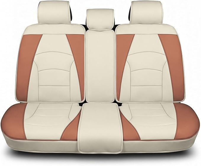 FH Group Car Seat Cover for Back Seat Beige Brown Faux Leather - Universal Fit, Rear Seat Covers for Cars with Rear Split Bench, Car Seat Cushions, Car Interior Accessories for SUV, Sedan, Van