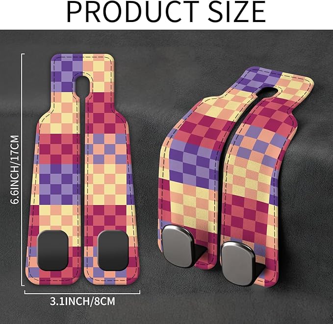 AXBSAKDI Car Seat Back Storage Headrest Hook, Premium Leather Double Metal Hook, Hanger Storage Organizer for Purse Cloth Bag, Car Interior Accessories Cute Colorful Plaid