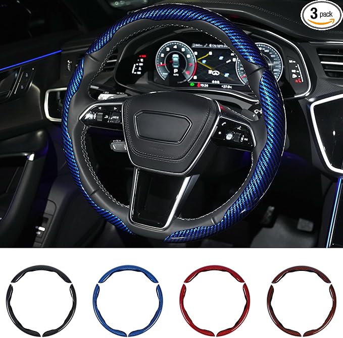 Carbon Fiber Steering Wheel Cover 3PCS Set – Anti-Slip, Scratch-Resistant, Universal Fit for 14–16 Inch Wheels – Interior Car Accessories for Cars, SUVs, Trucks (Blue)