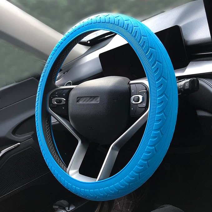 Universal Blue Steering Wheel Cover：13.5 to 15 Inches Stretchable Silicone Anti Skid Steering Wheel Protector Fit for Most Car Models Including Round D Shape or Special Shape