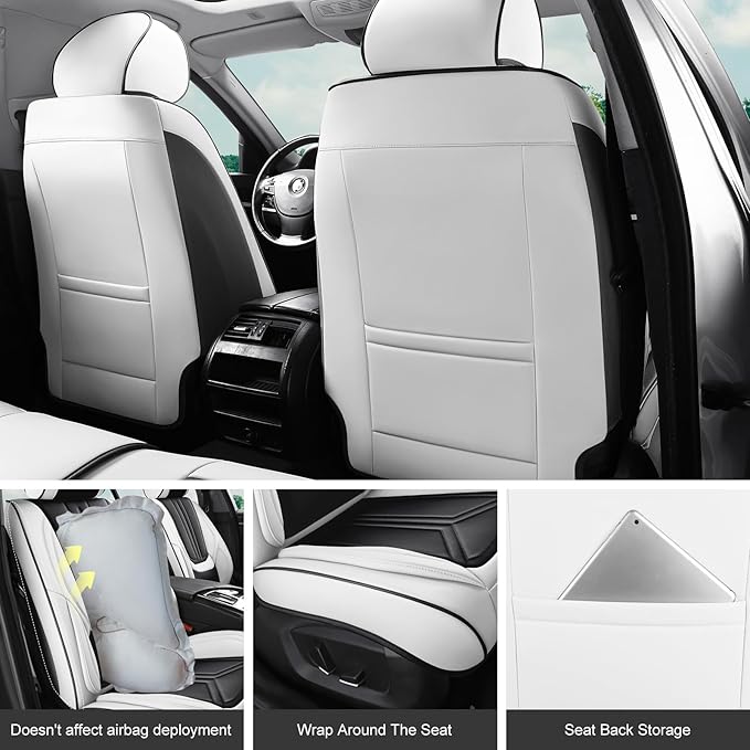SCDOOCA Car Seat Covers, Premium Leather Car Seat Covers, Waterproof and Breathable Seat Covers, Universal Car Seat Protector Fit for Cars, Trucks, SUVs, Pick-ups (Black & White, 2 PCS Front Seat)