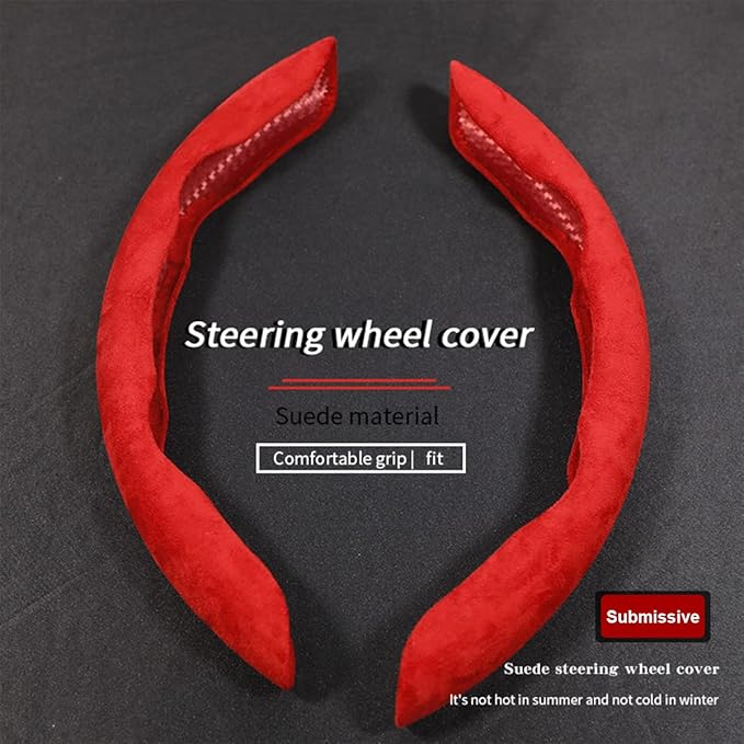 Car Steering Wheel Cover, Microfiber Suede Leather and Carbon Fiber Double Sided Design, Warm in Winter and Cool in Summer, Breathable Non Slip Segmented Protector for Most Cars (Turn Fur/Red)