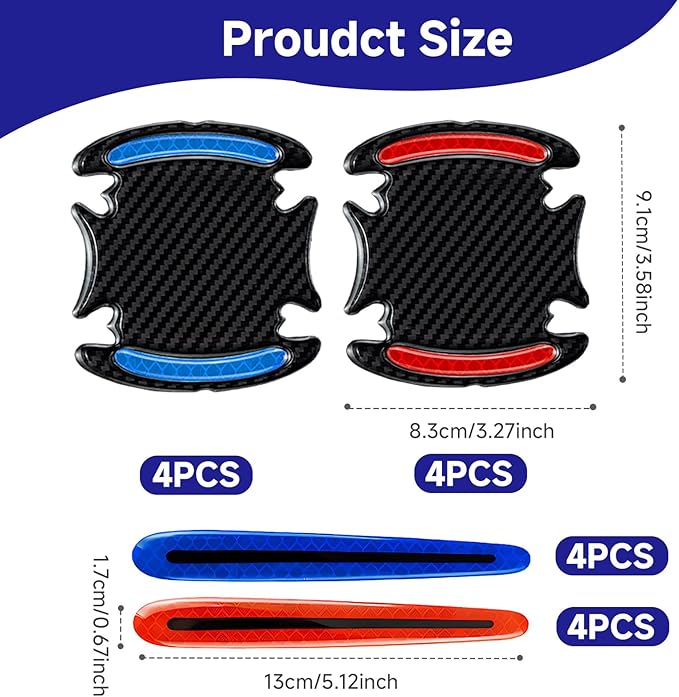 16Pcs 3D Car Door Handle Scratch Protector Sticker,Carbon Fiber Reflective Door Cup Guard,Red&Blue Exterior Car Accessories,Universal Anti-Scratch Guard Stickers Universal for Most Car Handle