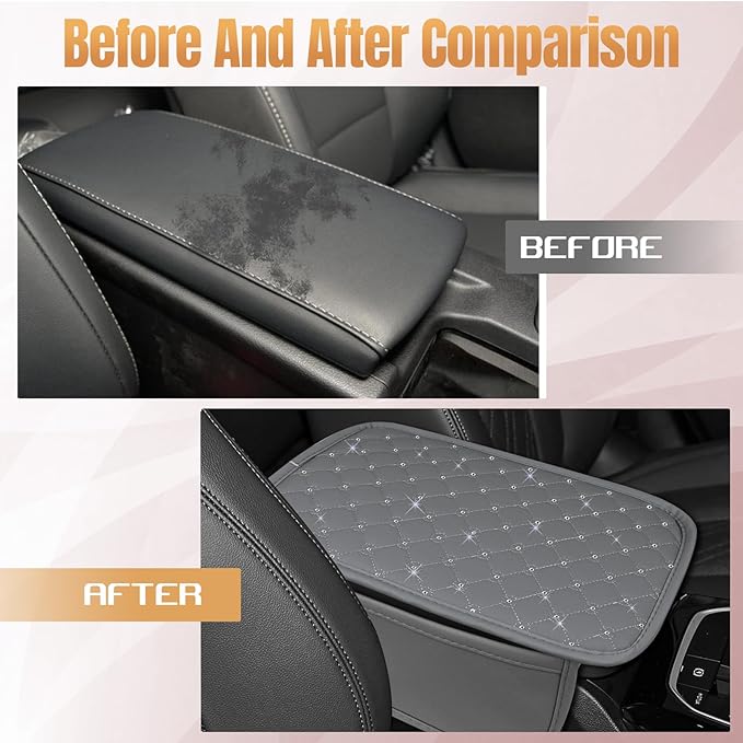 wuyaoyao Bling Car Center Console Cover, 11.81"×7.87" Leather Auto Arm Rest Cover Protector with 2 Storage Bags, Vehicle Crystal Rhinestone Armrest Cushion Pad, Interior Car Accessories (Gray)