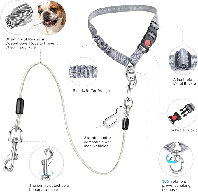 Idepet Dog Seat Belt for Car, 2 Pcs Stainless Steel Chew Proof Dog Seatbelt 3 in 1 Harness for Safety Heavy Duty Pet Seat Belt for Medium & Large Dogs (Grey