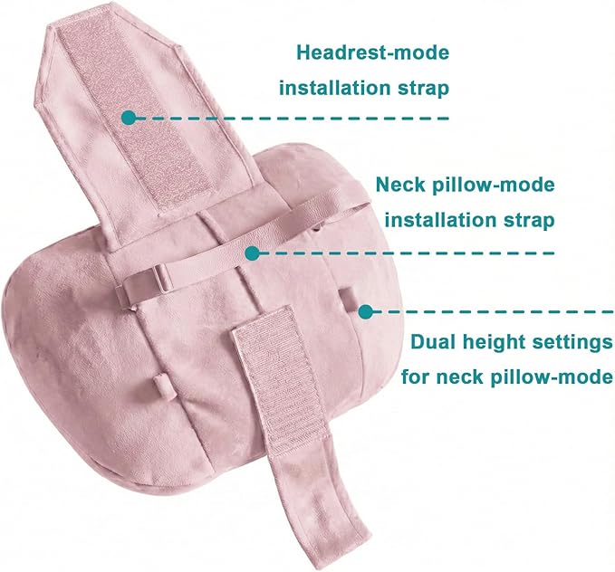 2PCS Car Pillow for Car Neck Pillow for Driving Seat Leather Neck Support Soft Cushion Back Support Head-Rests for Vehicle Sleeping with Elastic Adjustment Strap (Light Pink, Head)