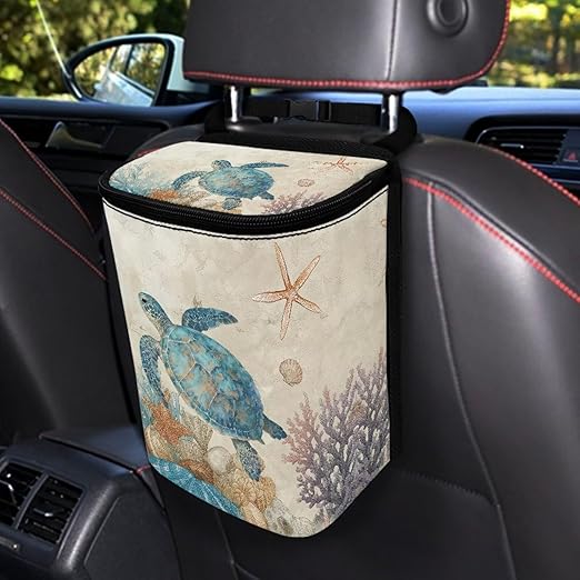 Sea Turtle Car Trash Can with Lid Leak Proof Multipurpose Vehicle Garbage Can Starfish Automotive Accessories Decor for Men Women