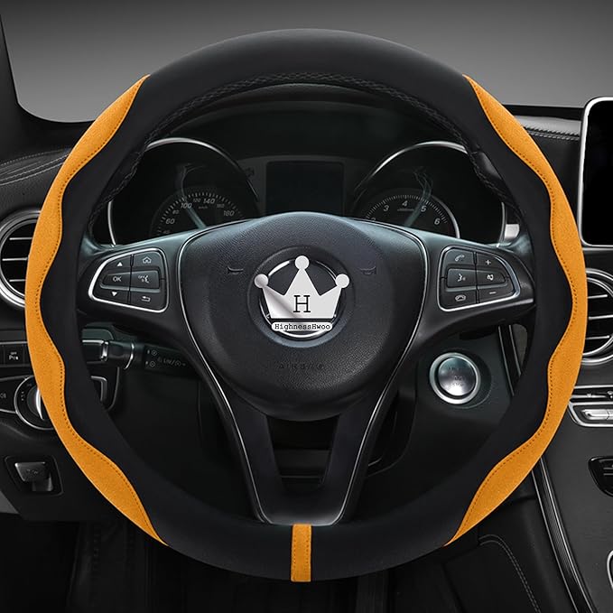 Luxury Suede Steering Wheel Cover for Cars, Soft Leather Padded Wheels Cover for Sedan, SUV, Thin Car Handle Cover, Universal Fit, Anti Slip, 14.75-15.15in, Orange