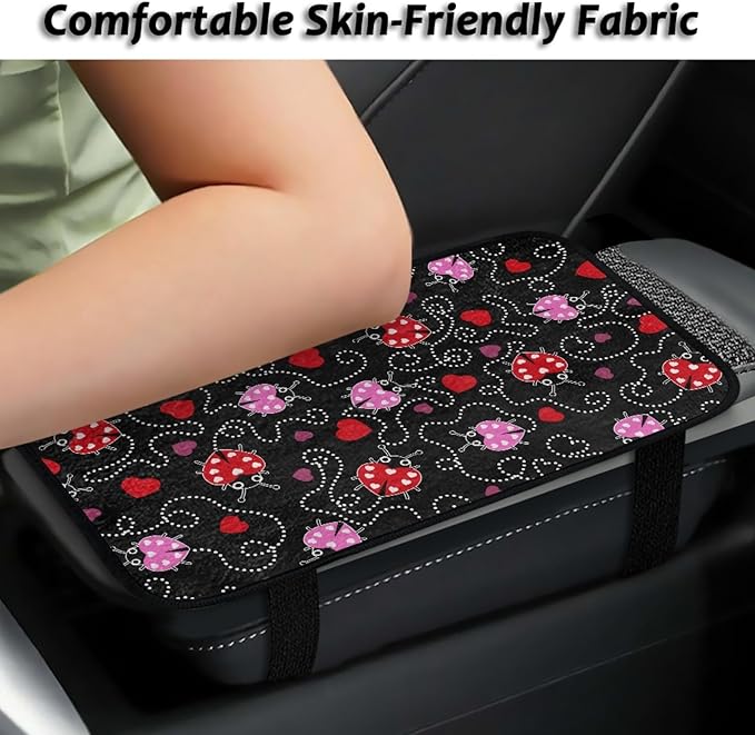 CLOHOMIN Cute Ladybug Car Arm Rest Covers Heart Auto Armrest Pad with Straps Warm Car Accessories Flannel Auto Center Console Armrest Cushion Cover Fit for Most Vehicles