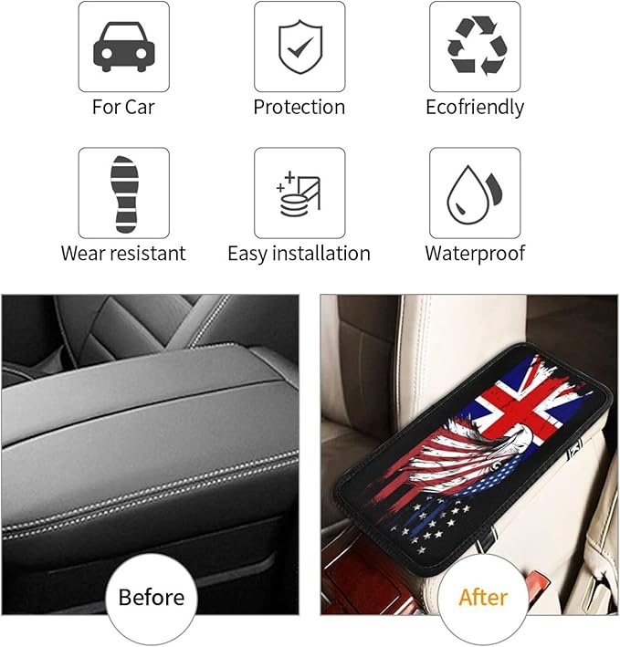 Car Armrest Cover America and Britain British Flag Eagle Armrest Seat Handrail Box Cover Auto Center Console Pad Cushion Universal Decoration Protector Accessories