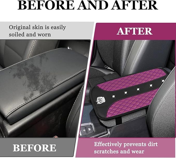 Bling Crown Car Center Console Cover, 12.7"×7.7" Armrest Cover for Cars, Waterproof Leather Arm Rest Box Pad Cushion, Universal Middle Console Cover Protector, Car Accessories (Purple)
