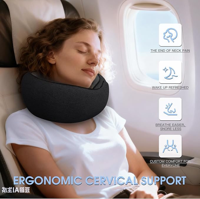 Dujuanus Neck Travel Pillows for Airplanes Memory Foam Neck Comfort Pillow Compact Ergonomic Design Sleeping Essentials for Long Flights Car Rides and Home Use (Black)