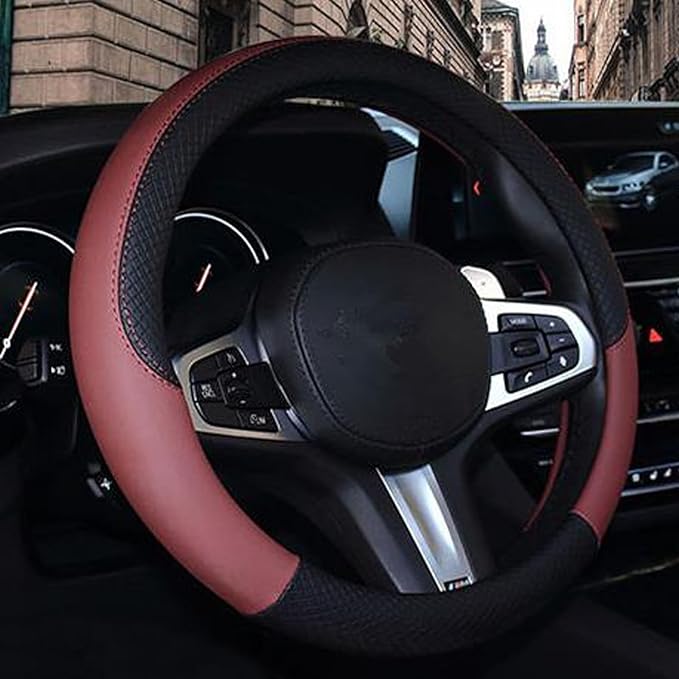 SHIAWASENA Car Steering Wheel Cover, Leather, Universal 15 Inch Fit, Anti-Slip & Odor-Free (Black&Red)