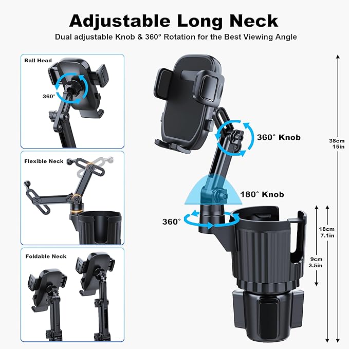 Cup Holder Phone Mount, 2 in 1 Universal Cup Holder Expander with Long Arm 360°Rotation Cup Phone Holder for Car Fits All 4-7” iPhone Galaxy Smartphones and Most Truck Bottles