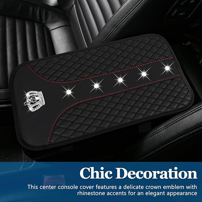 Bling Crown Car Center Console Cover, 12.7"×7.7" Armrest Cover for Cars, Waterproof Leather Arm Rest Box Pad Cushion, Universal Middle Console Cover Protector, Car Accessories (Black)