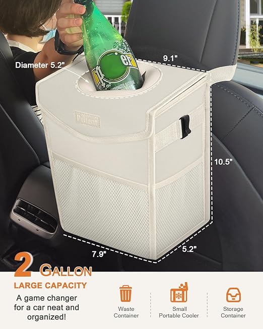 Pritent Car Trash Can with Lid, Cute Leakproof Car Trash Garbage Bag Hanging Vehicle Trash Bin Small Portable Automotive Garbage Cans Organizer for Back/Front Seat(Trapezoid,Ivory