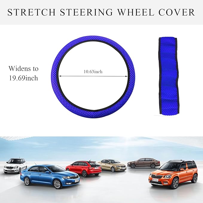 Elastic Steering Wheel Cover, 15"×15" Comfy Breathable Stretch Steering Wheel Protector, Ice-Silk Cloth Polyester Steering Wheel Cover for Men Women, Car Accessories (Blue)