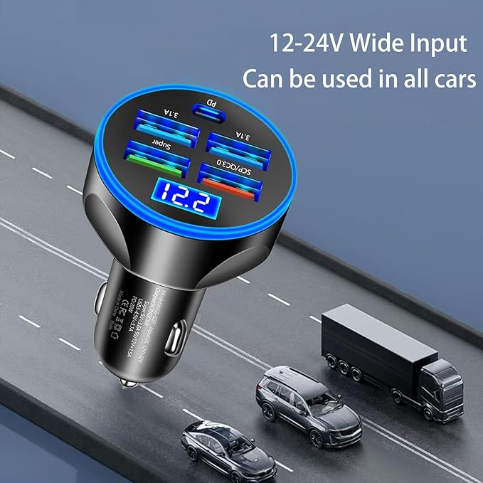 Full PD 30W Multi Port USB C Car Charger Adapter 5 in 1 with Voltage Display, PD4.0/QC4.0/PPS/AFC Super Fast Charging Cigarette Lighter Adapter with Volt Meter for MacBook iPhone Galaxy Android Phones