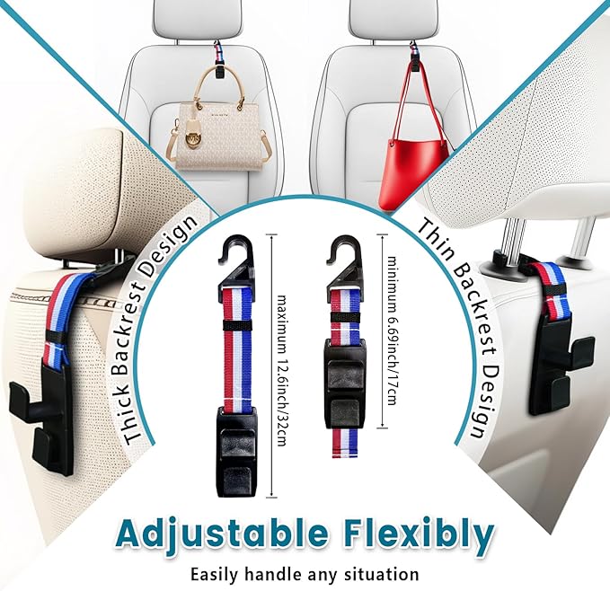 Heroway Purse Hook for Car, Adjustable Headrest Bag Seat Hooks Back, Car Accessories for Women, Coloured, 4 Pack