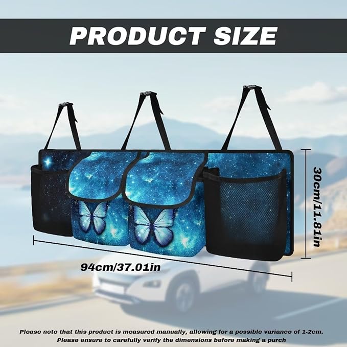 Hanging Car Trunk Organizer Blue Galaxy Space Butterfly Car Organization Women Collapsible Cargo Bag with 4 Storage Bags,Easy to Install