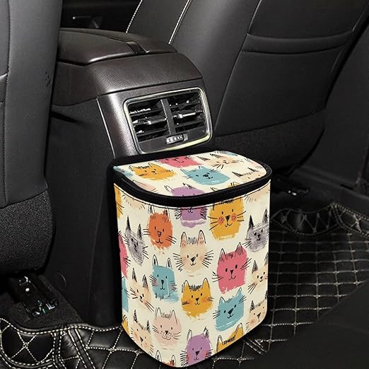Cute Cats Print Car Trash Can with Lid Hanging Car Trash Bag Leak-Proof Portable Cars Garbage Bin Truck Sedan Accessories Interior Cars Organizer