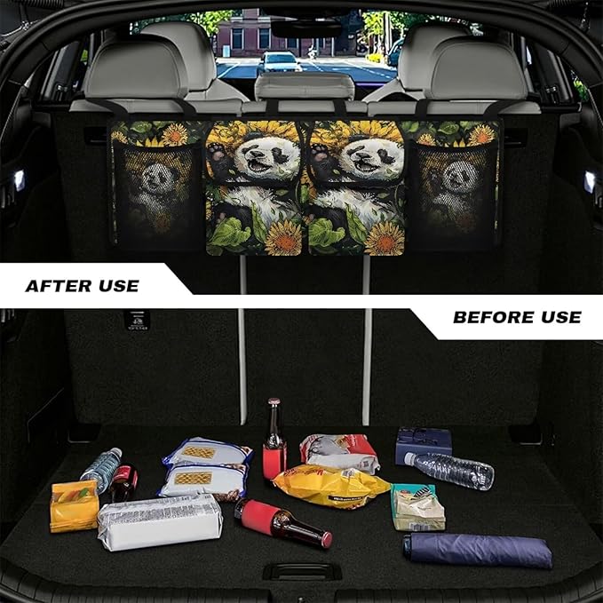 Car Trunk Organizer SUV with 3 Non-slip Strips, Back Hanging Car Storage Organizer with 2 Large Pockets & 2 Mesh Pockets, Auto Accessories Interior,Panda Sunflower